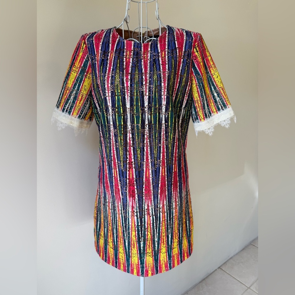 Saloni Multicolor Lace Mini Dress UK8/US4 Vibrant Textured Short Sleeve Shift
